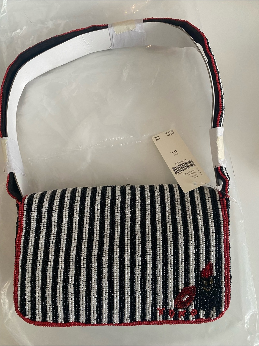 Anthropologie Black, White & Red Beaded Striped Cat Crossbody Bag Fiona - Picture 2 of 3